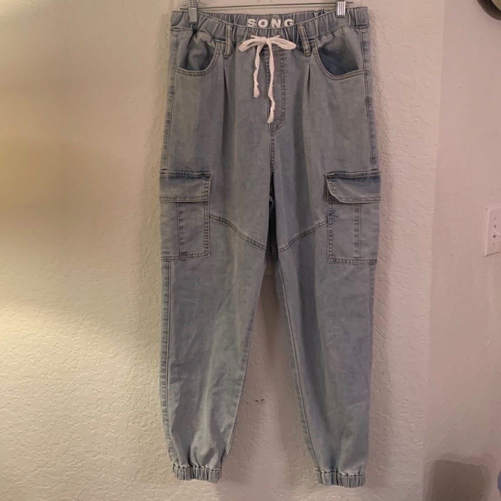 S.O.N.G. Denim Joggers Cargo Light Wash Pants Women’s Size 9/29